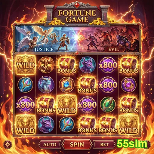 Imagem do jogo de slot 'Fortune Game' disponível no 55sim, com símbolos vibrantes e design atrativo.